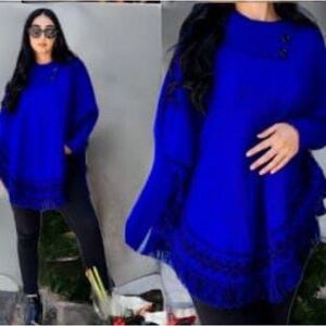 Stylish Blue Poncho with Button Detail